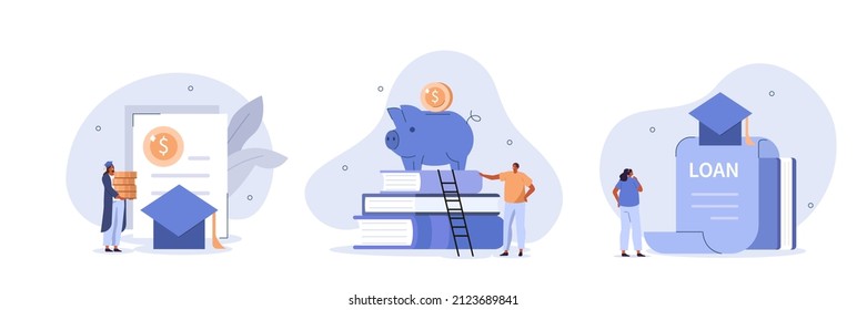 Education loan illustration set. Student characters investing money in education and taking student loan from bank. University and tuition fee concept. Vector illustration.