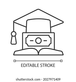 Education loan linear icon. Student credit. Scholarship for college. Financial literacy. Thin line customizable illustration. Contour symbol. Vector isolated outline drawing. Editable stroke