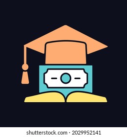 Education loan RGB color icon for dark theme. Student credit. Scholarship for college. Financial literacy. Isolated vector illustration on night mode background. Simple filled line drawing on black