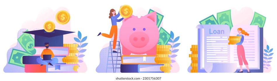 Education loan set. Collection of characters with gold coins and banknotes. University or college. Students saves for learning. Cartoon flat vector illustrations isolated on white background