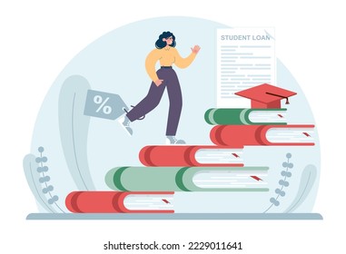 Education loan. Student characters paying debt for education. Large tuition fee concept. Flat vector illustration