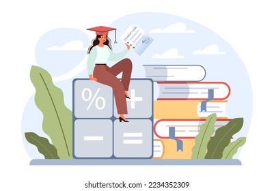 Education loan. Student characters paying debt for education. Tuition fee concept. Flat vector illustration