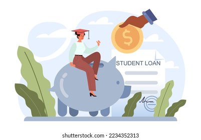 Education loan. Student characters paying debt for education. Tuition fee concept. Flat vector illustration