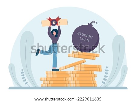 Education loan. Student characters paying debt for education. Large tuition fee concept. Flat vector illustration
