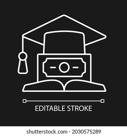 Education loan white linear icon for dark theme. Student credit. Scholarship for college. Thin line customizable illustration. Isolated vector contour symbol for night mode. Editable stroke