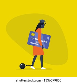Education loan. Young exhausted black female character wearing a graduation cap, shackles and holding a credit card. Obligation. Debt. Concept/ flat editable vector illustration, clip art