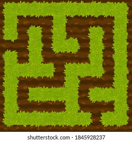 Education logic game bush on ground labyrinth for kids. Isolated simple square maze. UI background