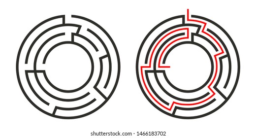 Education logic game circle labyrinth for kids. Find right way. Isolated simple round maze black line on white background.  With the solution. Vector illustration.
