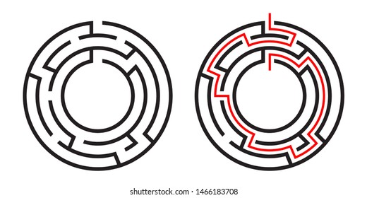Education logic game circle labyrinth for kids. Find right way. Isolated simple round maze black line on white background.  With the solution. Vector illustration.