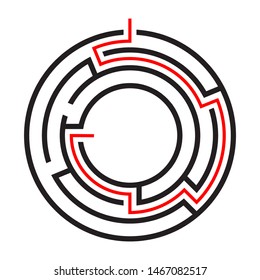 Education logic game circle labyrinth for kids. Find right way. Isolated simple round maze black line on white background.  With the solution. Vector illustration.