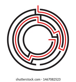 Education logic game circle labyrinth for kids. Find right way. Isolated simple round maze black line on white background.  With the solution. Vector illustration.
