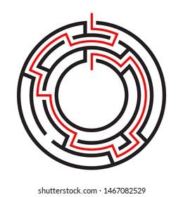 Education logic game circle labyrinth for kids. Find right way. Isolated simple round maze black line on white background.  With the solution. Vector illustration.