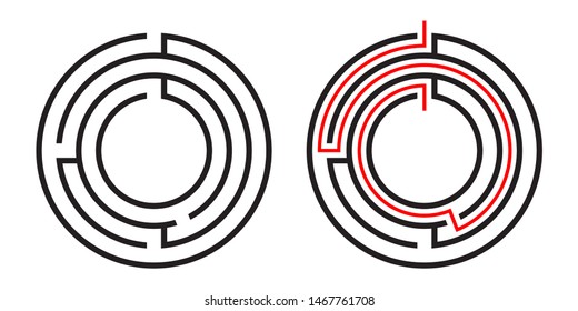 Education logic game circle labyrinth for kids. Find right way. Isolated simple round maze black line on white background.  With the solution. Vector illustration.