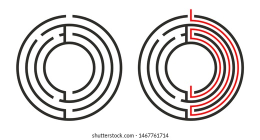 Education logic game circle labyrinth for kids. Find right way. Isolated simple round maze black line on white background.  With the solution. Vector illustration.