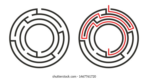 Education logic game circle labyrinth for kids. Find right way. Isolated simple round maze black line on white background.  With the solution. Vector illustration.
