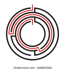 Education logic game circle labyrinth for kids. Find right way. Isolated simple round maze black line on white background.  With the solution. Vector illustration.