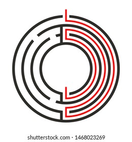 Education logic game circle labyrinth for kids. Find right way. Isolated simple round maze black line on white background.  With the solution. Vector illustration.