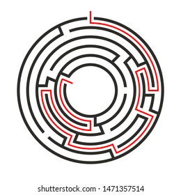 Education logic game circle labyrinth for kids. Find right way. Isolated simple round maze black line on white background.  With the solution. Vector illustration.