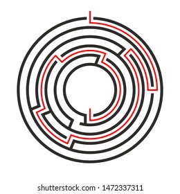 Education logic game circle labyrinth for kids. Find right way. Isolated simple round maze black line on white background.  With the solution. Vector illustration.