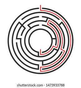 Education logic game circle labyrinth for kids. Find right way. Isolated simple round maze black line on white background.  With the solution. Vector illustration.