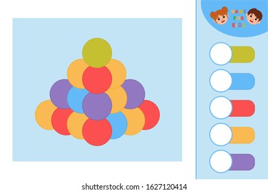 Education logic game for kids development of logic iq. Kids activity sheet.  Pyramid of colorful balloons. Children funny riddle entertainment