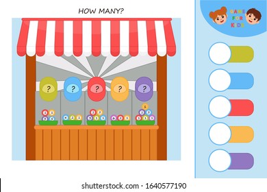 Education logic game for kids development of logic iq. Kids activity sheet.  Pyramid of colorful balloons. How many? Children funny riddle entertainment