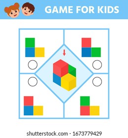 Education logic game for kids development of logic iq. Kids activity sheet. Find the shape matching top view matching.  Children funny riddle entertainment