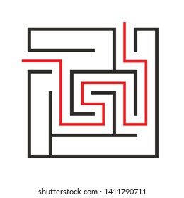 Education logic game labyrinth for kids. Find right way. Isolated simple square maze black line on white background. Vector illustration.