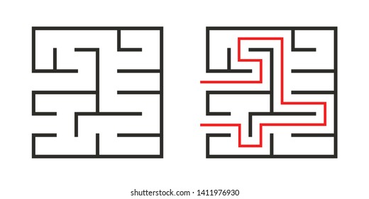 Education logic game labyrinth for kids. Find right way. Isolated simple square maze black line on white background.  With the solution. Vector illustration.