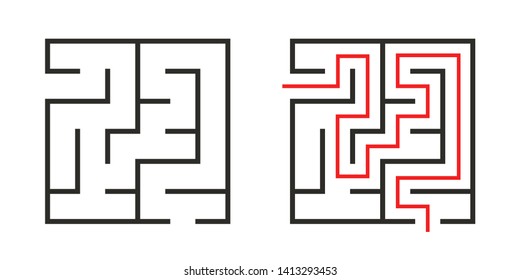 Education logic game labyrinth for kids. Find right way. Isolated simple square maze black line on white background.  With the solution. Vector illustration.