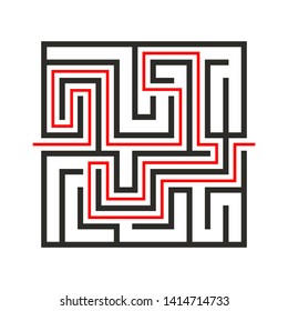 Education logic game labyrinth for kids. Find right way. Isolated simple square maze black line on white background.  With the solution. Vector illustration.