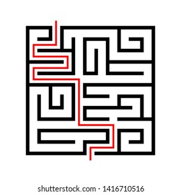 Education logic game labyrinth for kids. Find right way. Isolated simple square maze black line on white background.  With the solution. Vector illustration.
