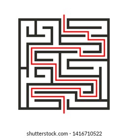 Education logic game labyrinth for kids. Find right way. Isolated simple square maze black line on white background.  With the solution. Vector illustration.