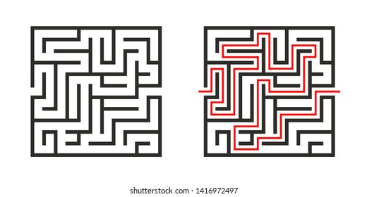 Education logic game labyrinth for kids. Find right way. Isolated simple square maze black line on white background.  With the solution. Vector illustration.