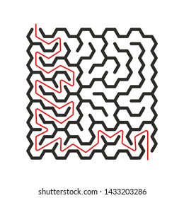 Education logic game labyrinth for kids. Find right way. Isolated simple hexagon maze black line on white background. With the solution. Vector illustration. 