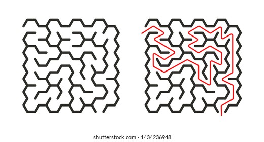 Education logic game labyrinth for kids. Find right way. Isolated simple hexagon maze black line on white background. With the solution. Vector illustration. 
