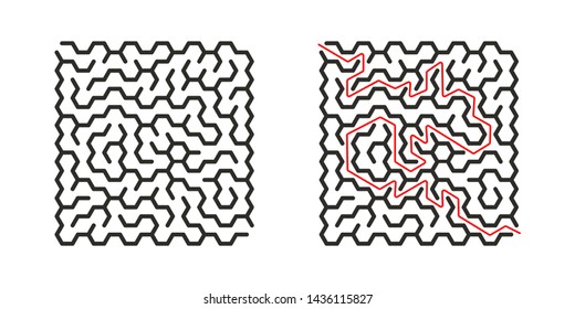 Education logic game labyrinth for kids. Find right way. Isolated simple hexagon maze black line on white background. With the solution. Vector illustration. 