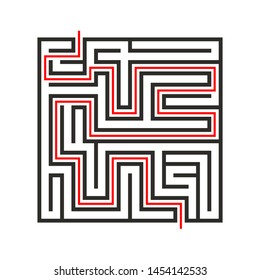 Education logic game labyrinth for kids. Find right way. Isolated simple square maze black line on white background.  With the solution. Vector illustration.