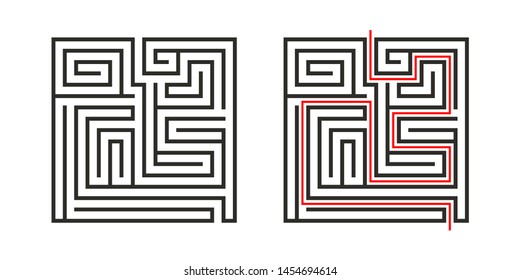 Education logic game labyrinth for kids. Find right way. Isolated simple square maze black line on white background.  With the solution. Vector illustration.