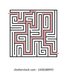 Education logic game labyrinth for kids. Find right way. Isolated simple square maze black line on white background.  With the solution. Vector illustration.