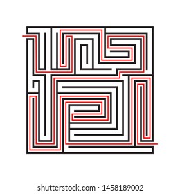 Education logic game labyrinth for kids. Find right way. Isolated simple square maze black line on white background.  With the solution. Vector illustration.