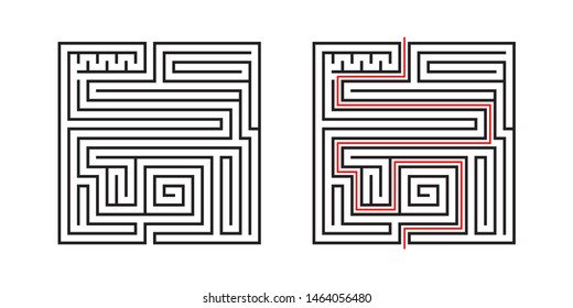 Education logic game labyrinth for kids. Find right way. Isolated simple square maze black line on white background.  With the solution. Vector illustration.