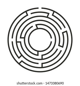 Education logic game labyrinth for kids. Find right way. Isolated simple round maze black line on white background. Vector illustration. 