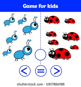 Education logic game for preschool kids. Choose the correct answer. More, less or equal Vector illustration. Animal pictures for kids.