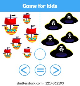 Education logic game for preschool kids. Choose the correct answer. More, less or equal Vector illustration. 