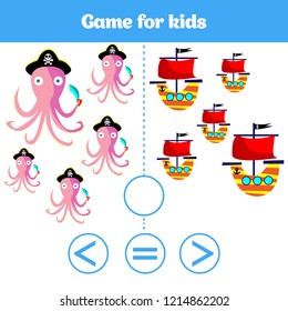 Education logic game for preschool kids. Choose the correct answer. More, less or equal Vector illustration. 