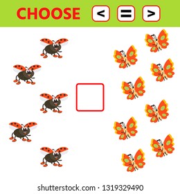 Education logic game for preschool kids. Choose the correct answer. More, less or equal. Ladybug and butterfly. Vector illustration 