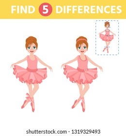 Education logic game for preschool kids. Find the difference the two ballerina. Children funny riddle entertainment.  Vector illustration