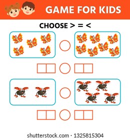 Education logic game for preschool kids. Choose the correct answer. More, less or equal. Vector illustration