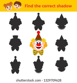 Education logic game for preschool kids. Find the correct shadow of the clown. Children funny riddle entertainment.  Vector illustration